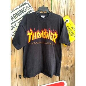 Vtg Y2K Thrasher Magazine black and yellow flame logo tee XL Heavyweight  Tshirt